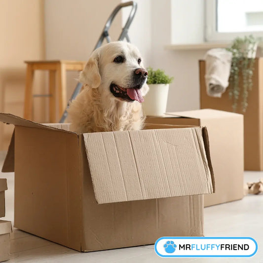Un Golden Retriever joyeux assis dans un carton de déménagement, illustrant comment aider un chien à s'adapter à son nouveau foyer.